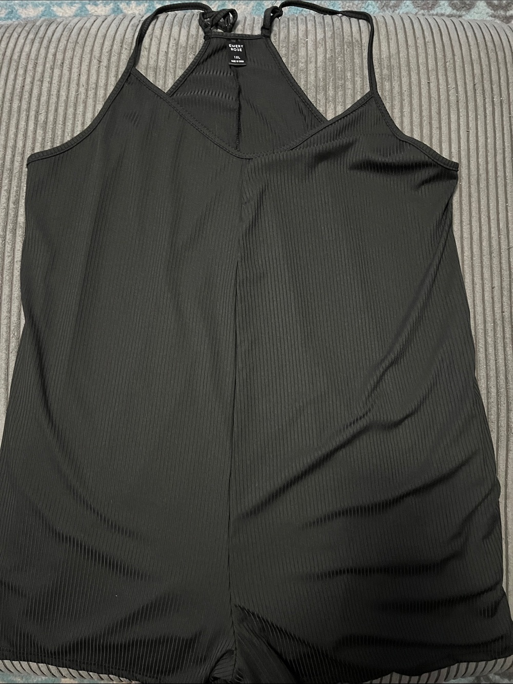 Emery Rose Black Ribbed V-Neck Halter Cami Romper